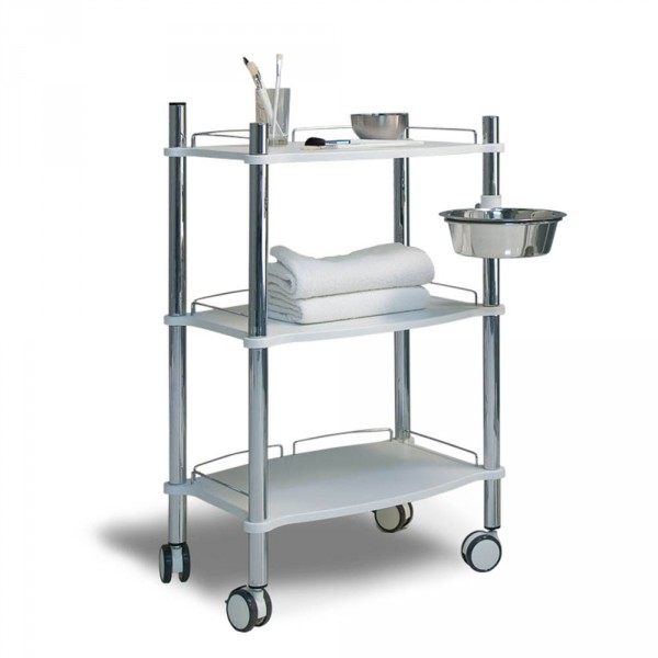 Equipment trolley LamicaDecor with 3 white trays and chrome tubing